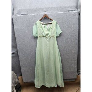 Vintage Mint Green Chiffon Gown With Pearl Details & Short Sleeves